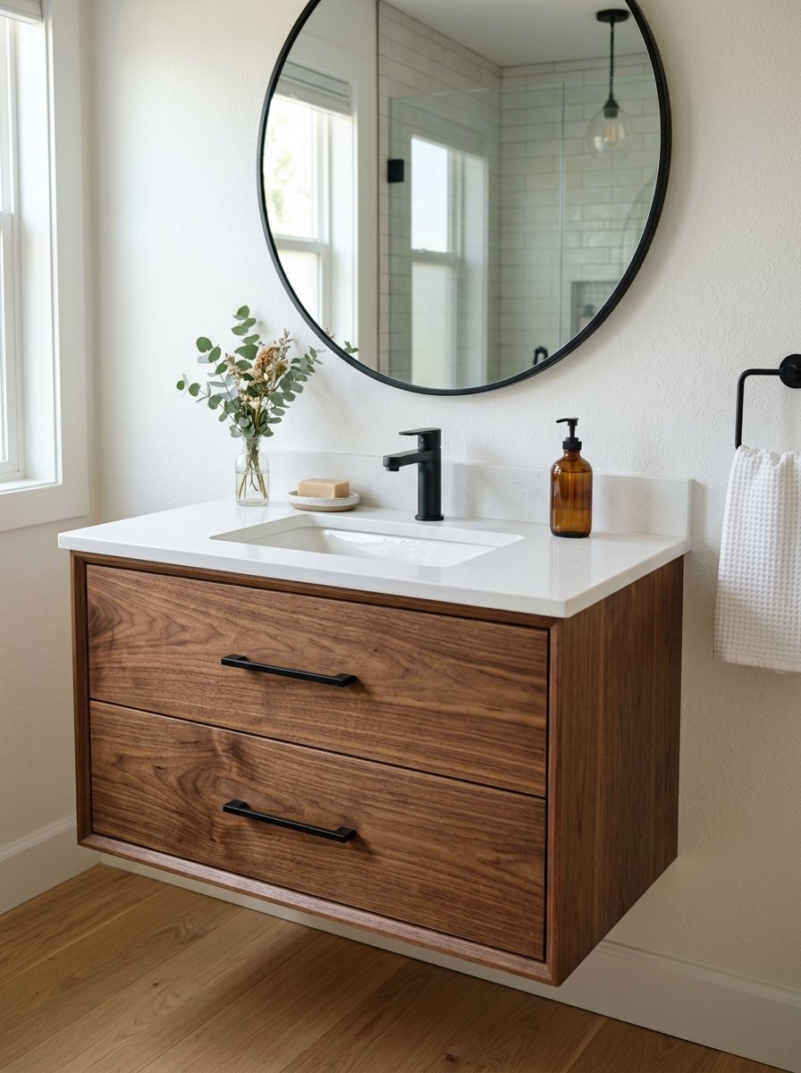 A floating walnut wood bathroom cabinet with a white countertop and black hardware under a round mirror.