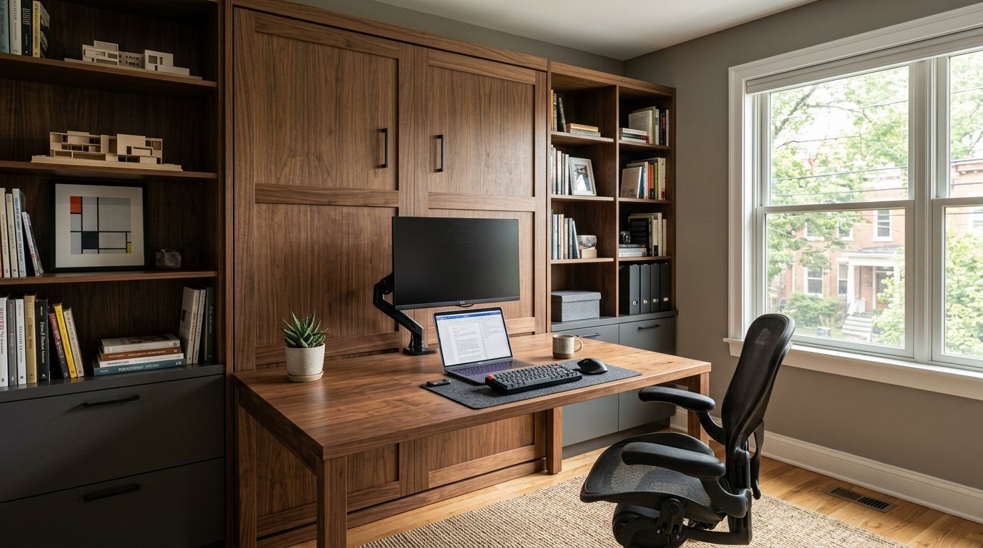 Modern home office with a dark wood desk, ergonomic mesh chair, computer monitor, and integrated bookshelves.