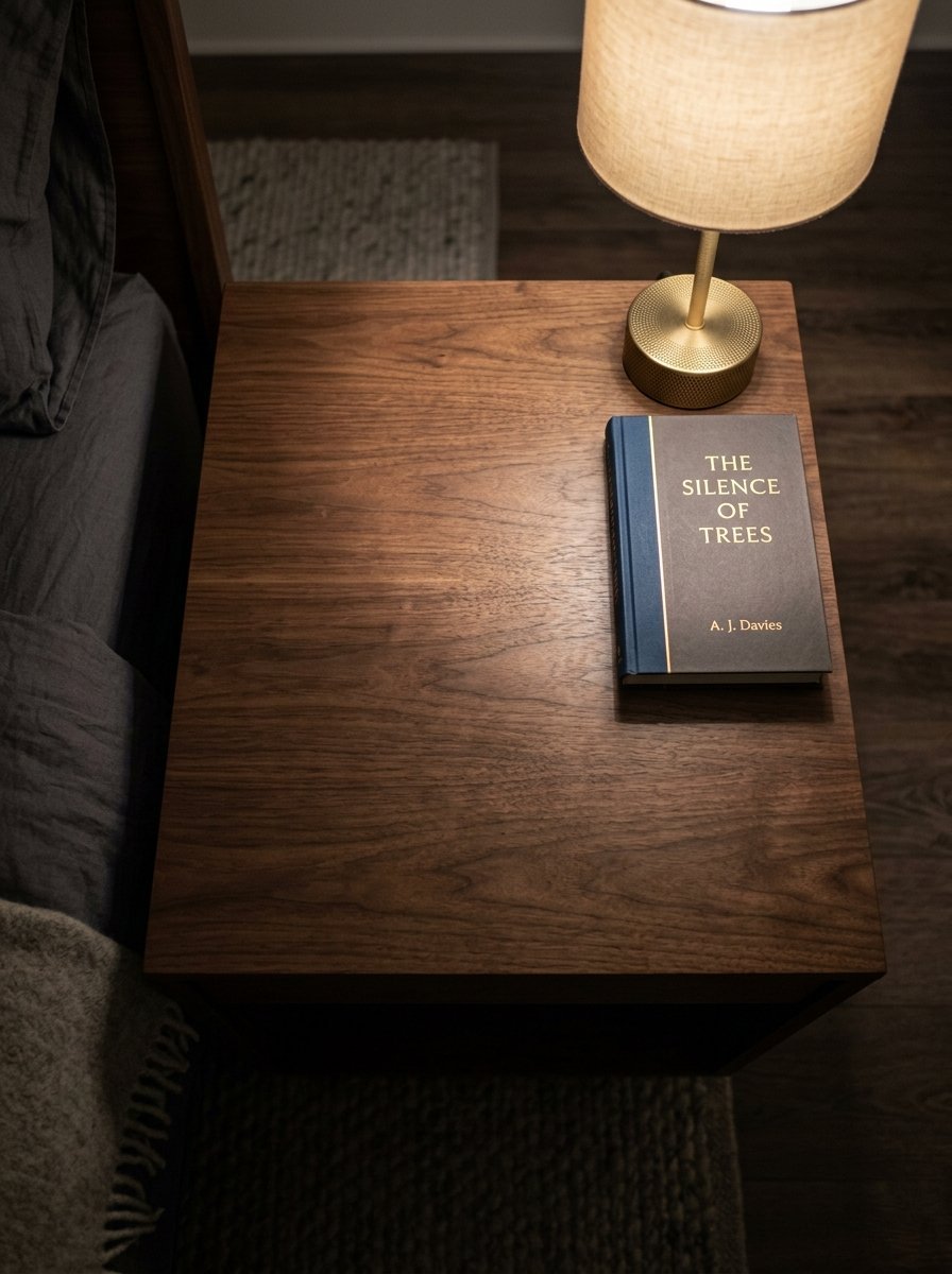 Top down view of a walnut nightstand with a lit brass lamp and a novel titled The Silence of Trees beside a bed.