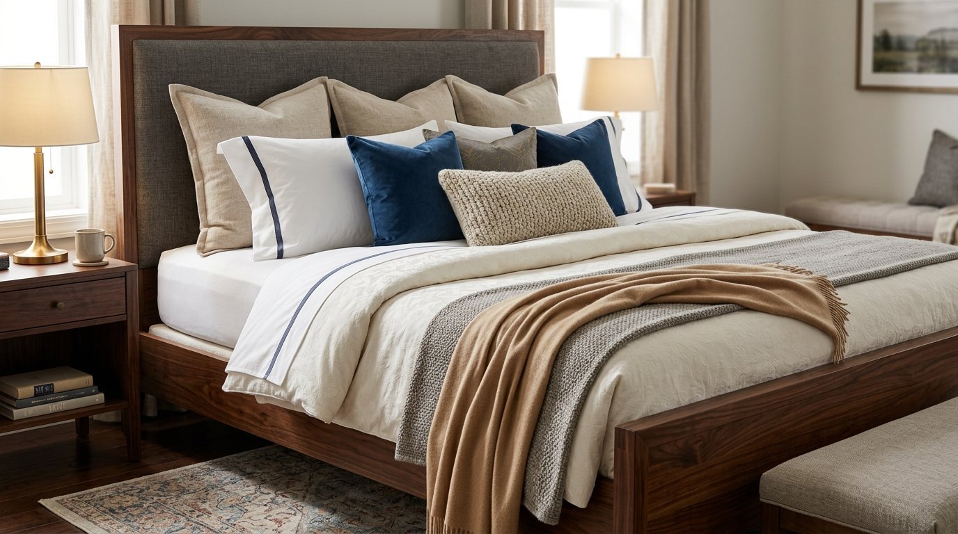 King size wooden bed with a grey upholstered headboard and layered decorative pillows and blankets.