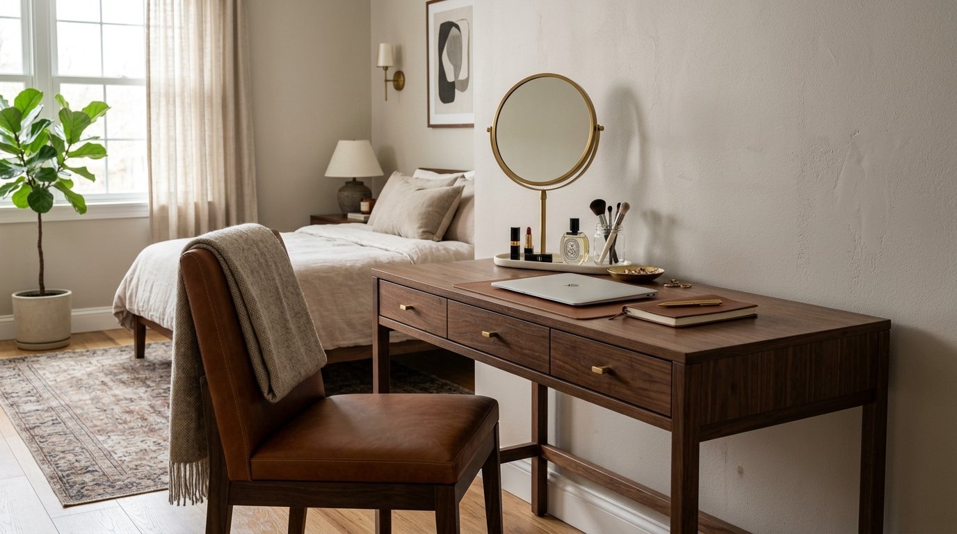 Wooden vanity desk with a laptop and makeup mirror in a sunlit neutral bedroom with a leather chair.