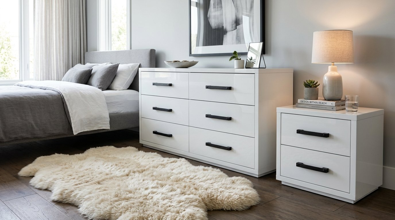 A white glossy dresser and matching nightstand with black hardware sitting on a hardwood floor next to a faux fur rug.