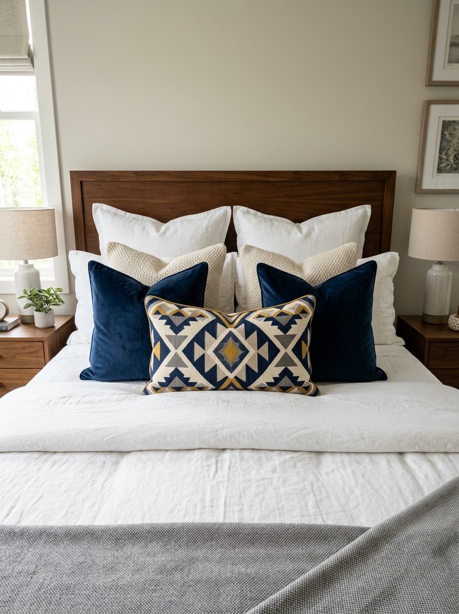 A bed with a wooden headboard, layered white linens, and throw pillows in navy velvet and geometric patterns.
