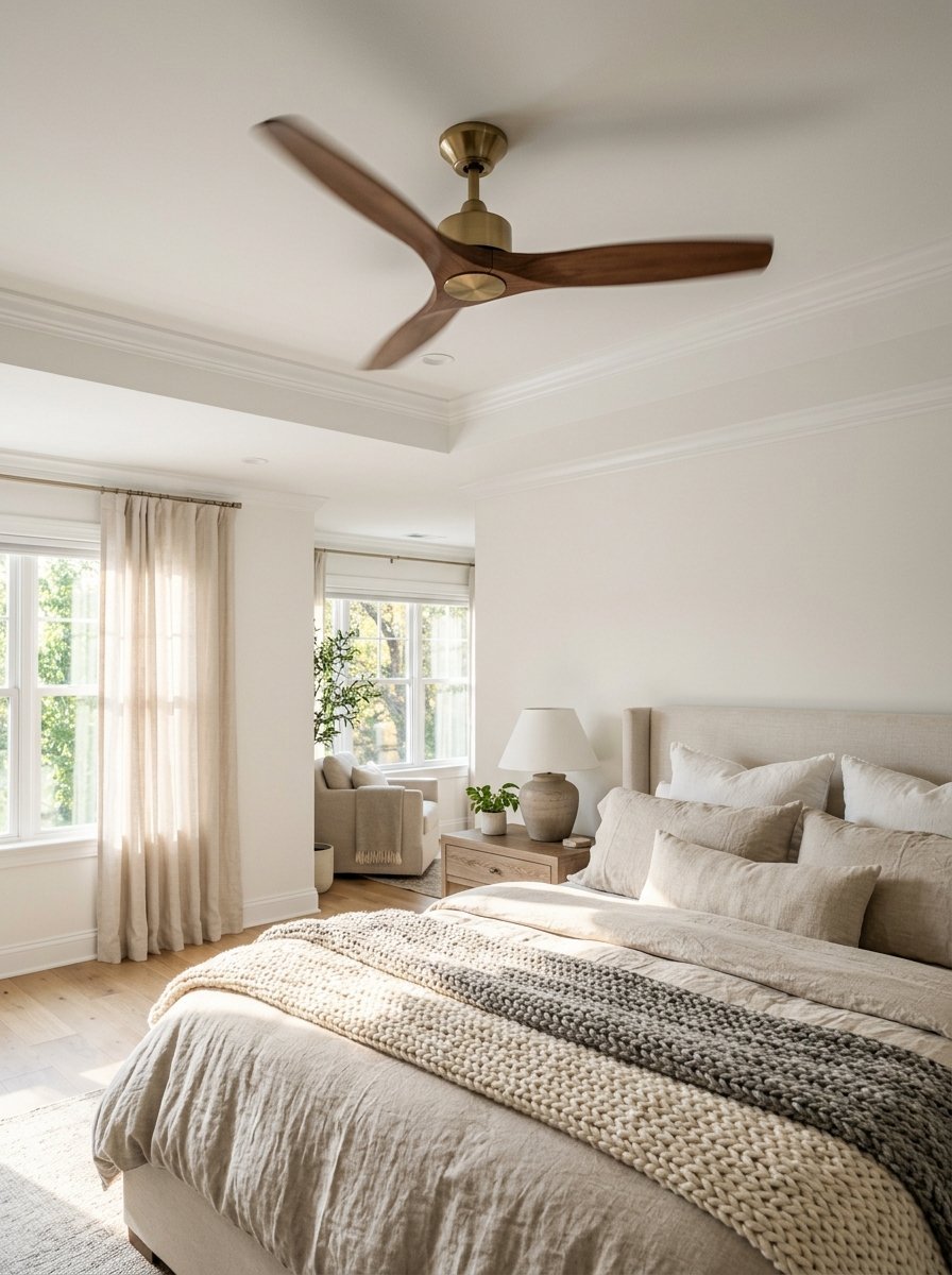A beige linen bed with a chunky knit throw blanket under a spinning three-blade wooden ceiling fan.