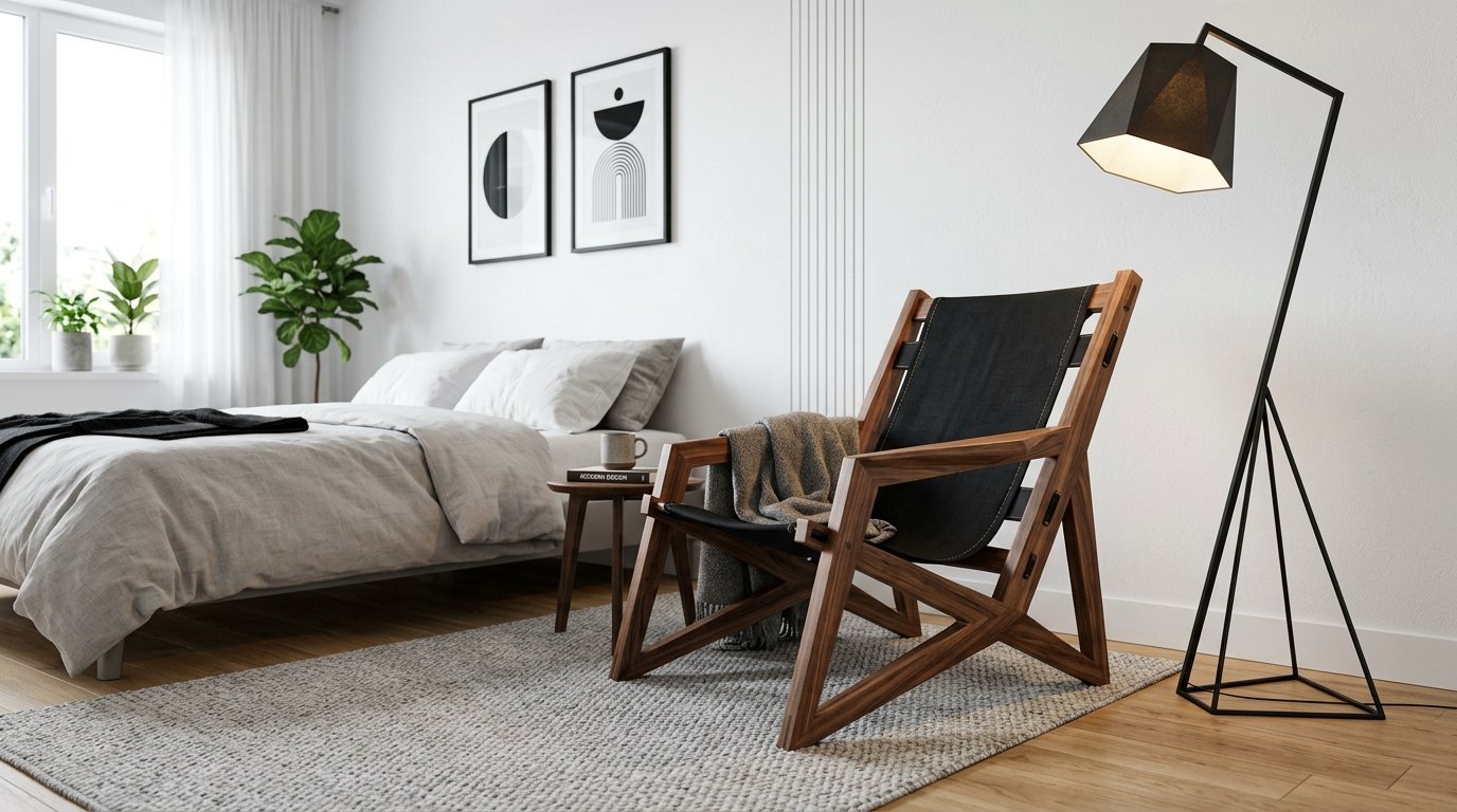A modern walnut wood chair with black fabric seat next to a tall angular floor lamp in a white bedroom.