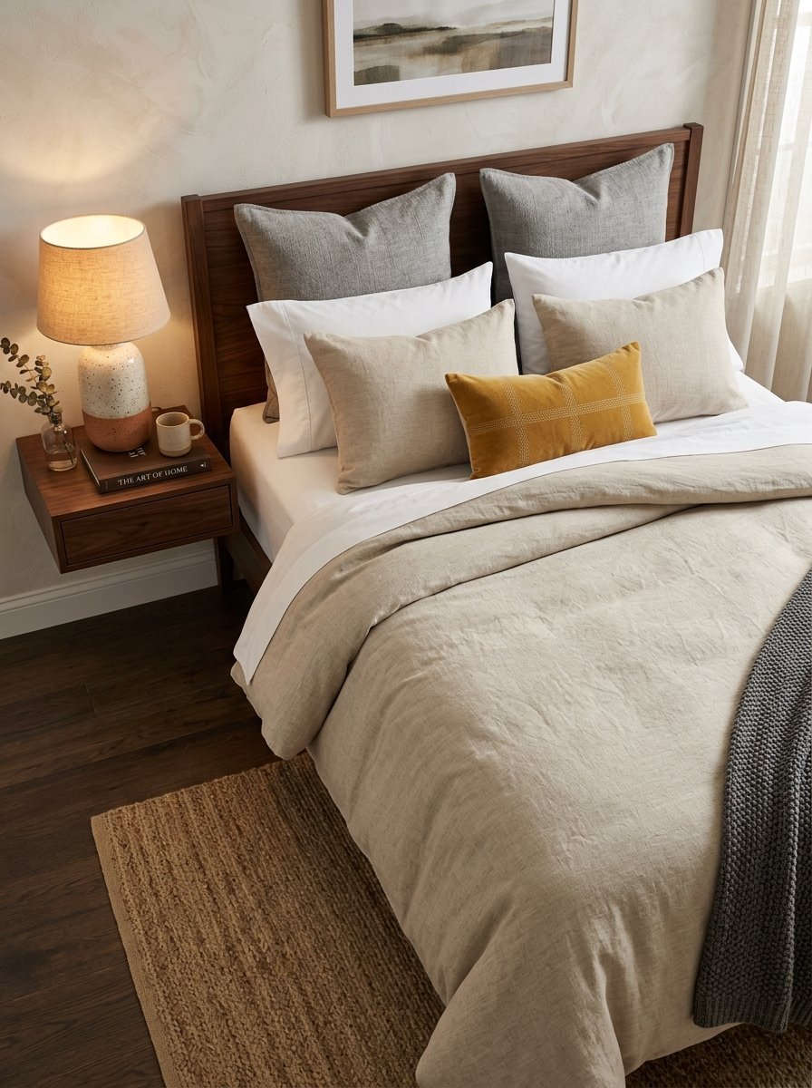 A wooden bed with beige linen bedding and decorative throw pillows next to a lit ceramic table lamp.