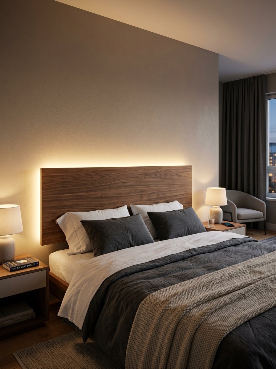 A cozy bedroom with a dark wood headboard illuminated by soft hidden LED accent lighting and bedside lamps.