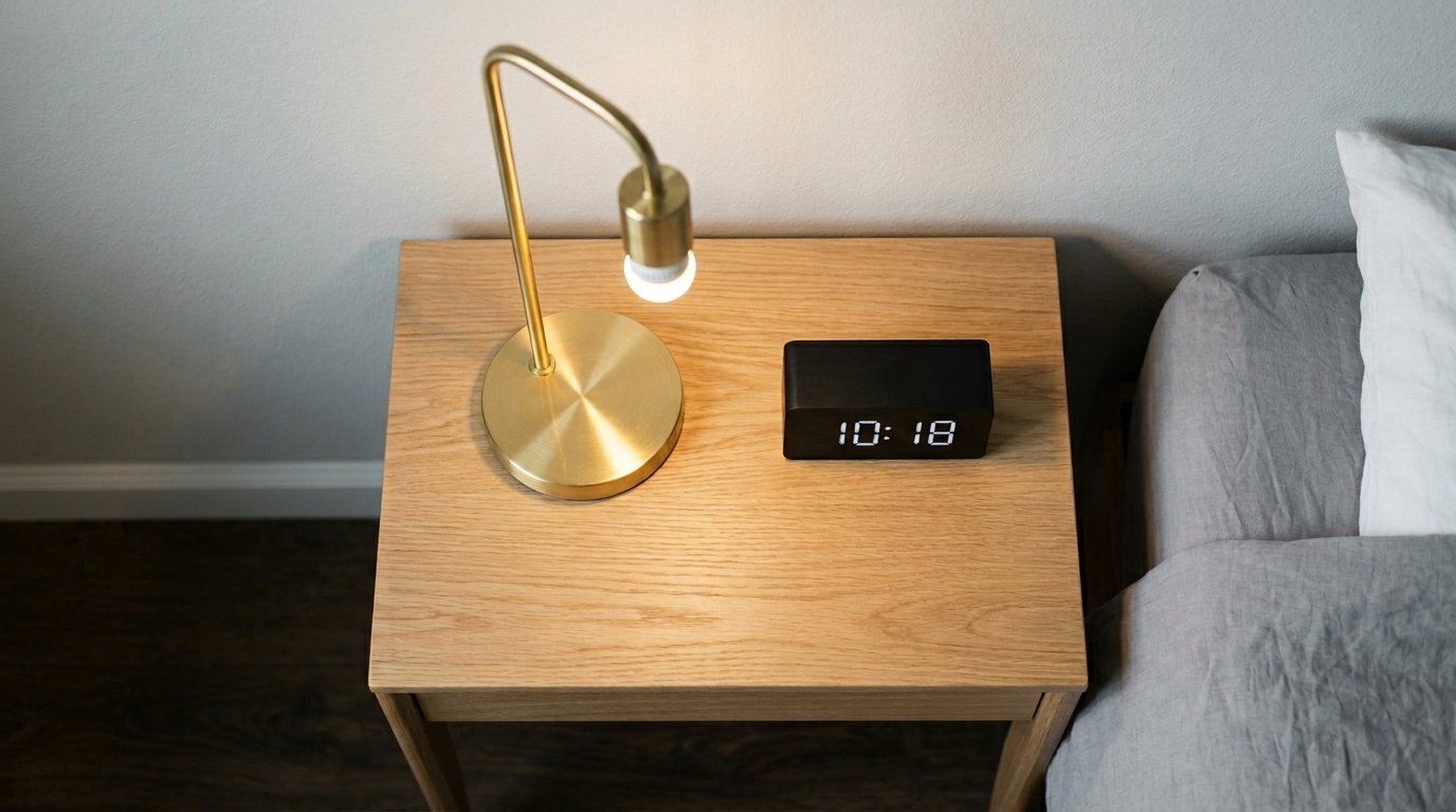 A light wood nightstand holding a gold desk lamp and black digital alarm clock next to a grey bed.