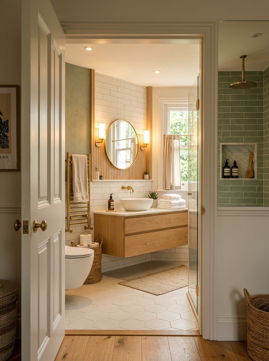 Modern bathroom with a round mirror, white subway tiles, a floating wooden cabinet, and sage green accent wall.
