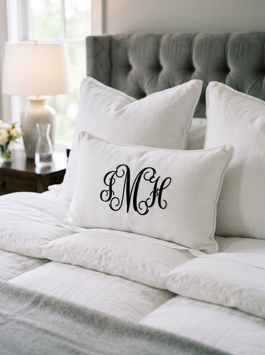 Close-up of a white rectangular accent pillow with black script calligraphy lettering on a plush made bed.