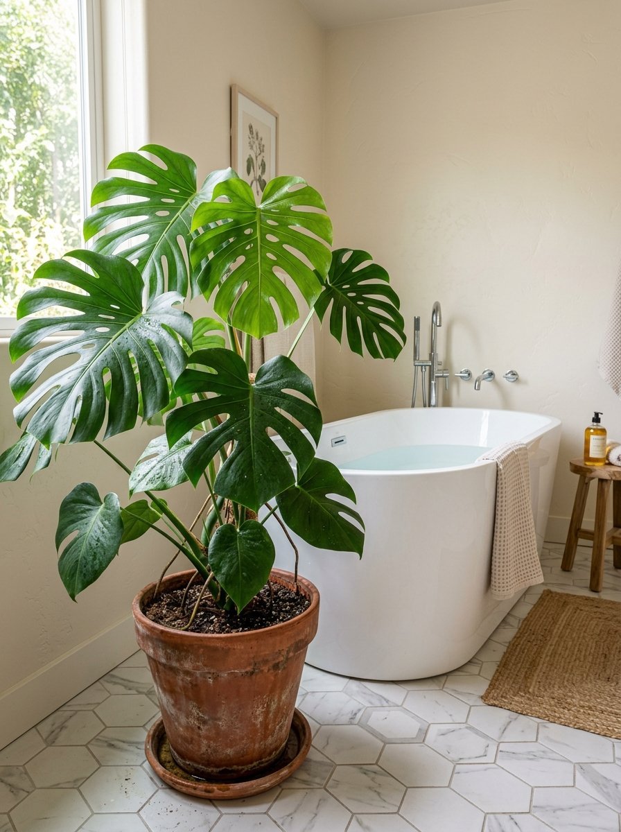 A lush green monstera plant in a terracotta pot stands next to a white oval soaking tub in a bright bathroom.