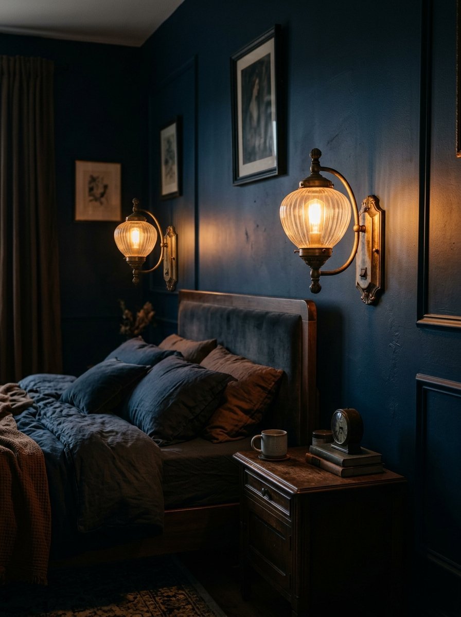 A dimly lit bedroom with dark blue walls, a wooden bed, and two glowing ribbed glass brass wall sconces.