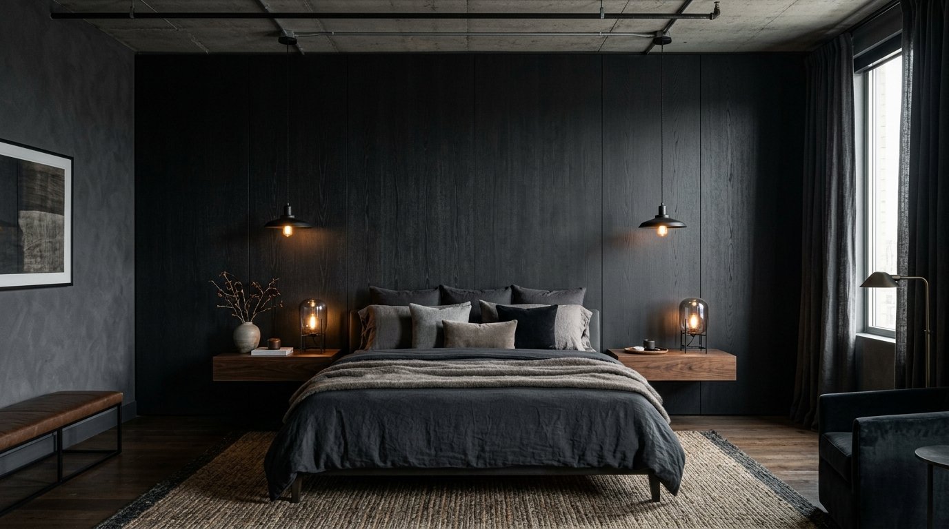 Dark modern bedroom featuring a bed with floating wooden nightstands and hanging pendant lights.