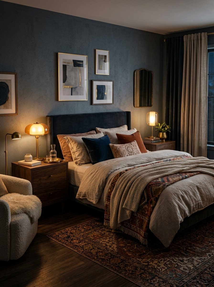 Cozy bedroom with deep blue walls, a plush velvet headboard, and layered pillows on a rustic rug.