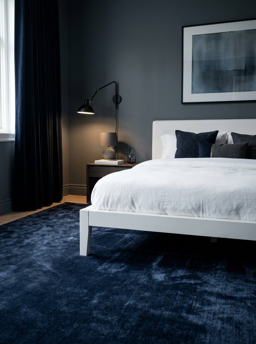 Modern bedroom with a white bed frame, plush blue rug, dark walls, and a wall-mounted reading lamp.