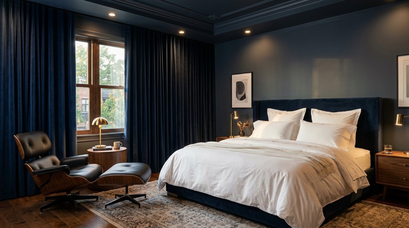 Modern bedroom with a dark blue color scheme, king bed, mid-century lounge chair, and wood nightstands.