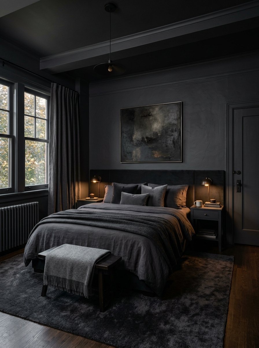 Modern dark bedroom with grey bedding, a textured rug, and abstract wall art.