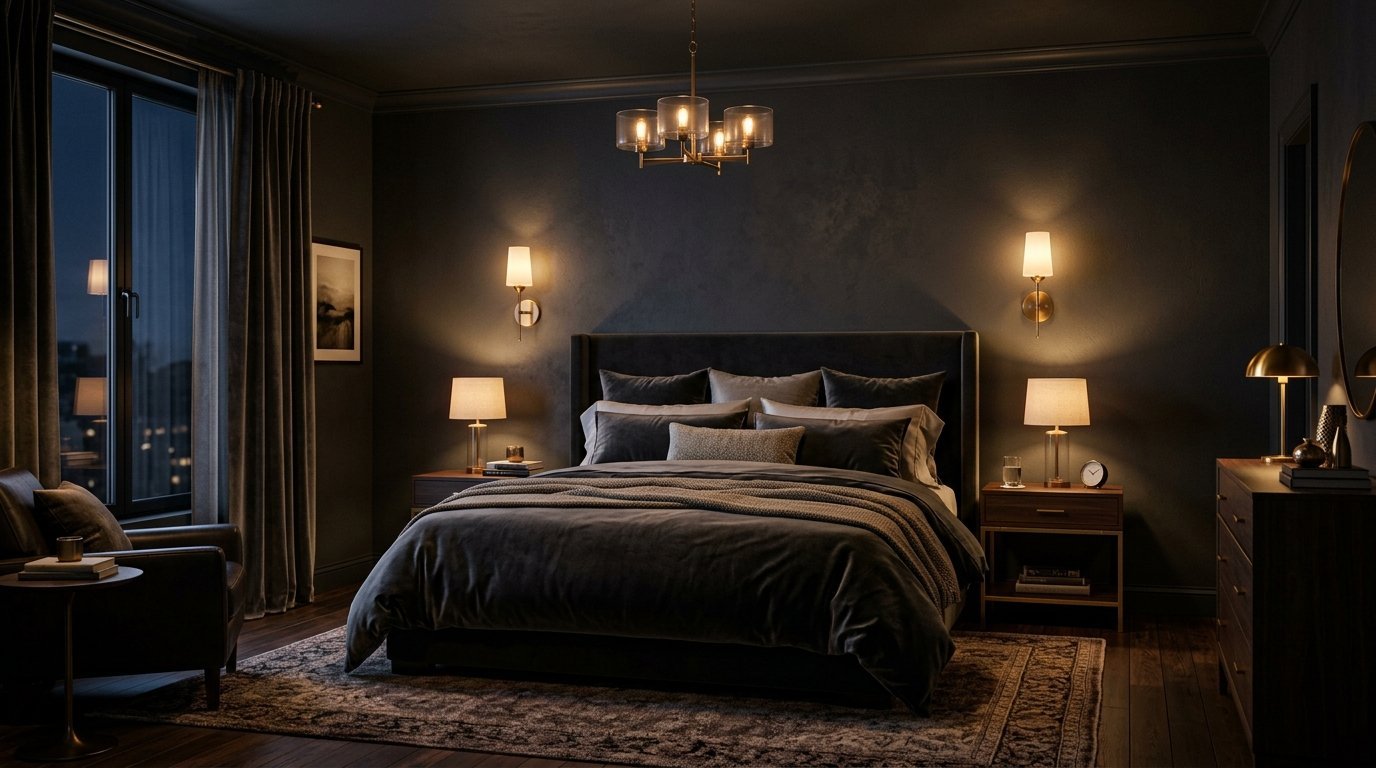 A plush bed in a dimly lit, luxurious bedroom with wall sconces and bedside lamps.