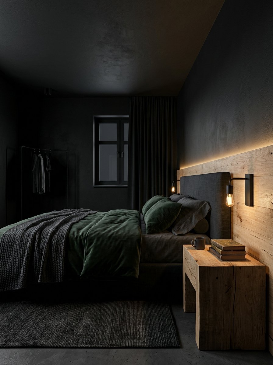 Modern dark bedroom featuring a velvet green bedspread, wooden bedside table, and warm ambient wall lighting.