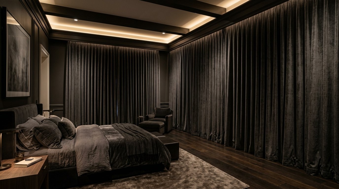 Modern dark bedroom with velvet curtains, a plush bed, and a cozy reading chair on wood floors.