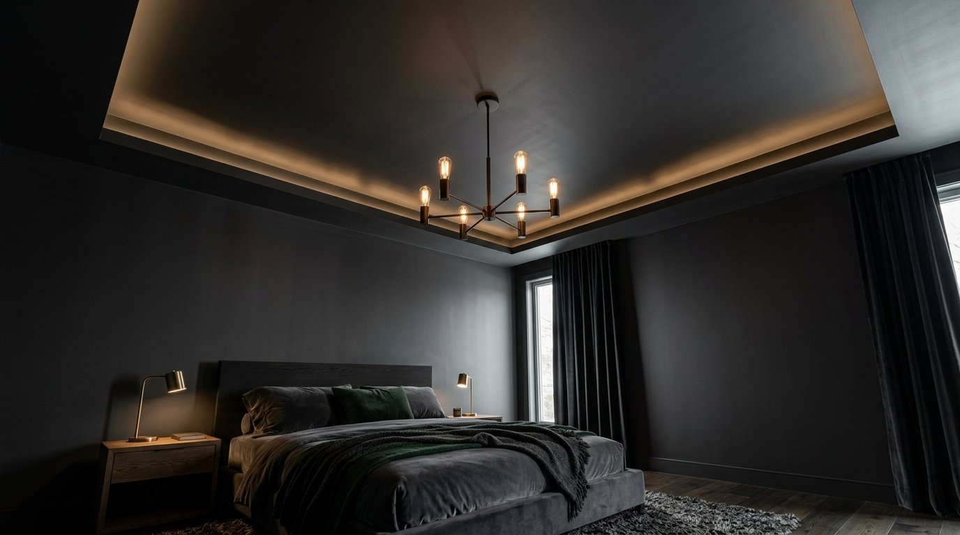 A dimly lit contemporary bedroom with dark walls, velvet bedding, and a six-arm metal chandelier.