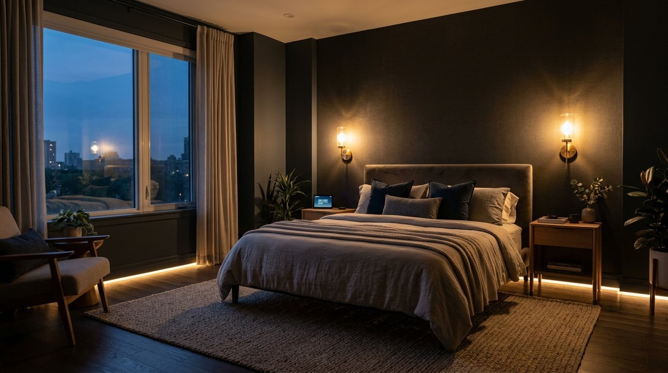 A dimly lit contemporary bedroom with a plush bed, nightstands, and a view of a city skyline through a large window.