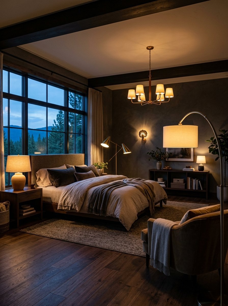 A dark, moody bedroom interior featuring a made bed, accent chair, and floor lamps with evening mountain views.