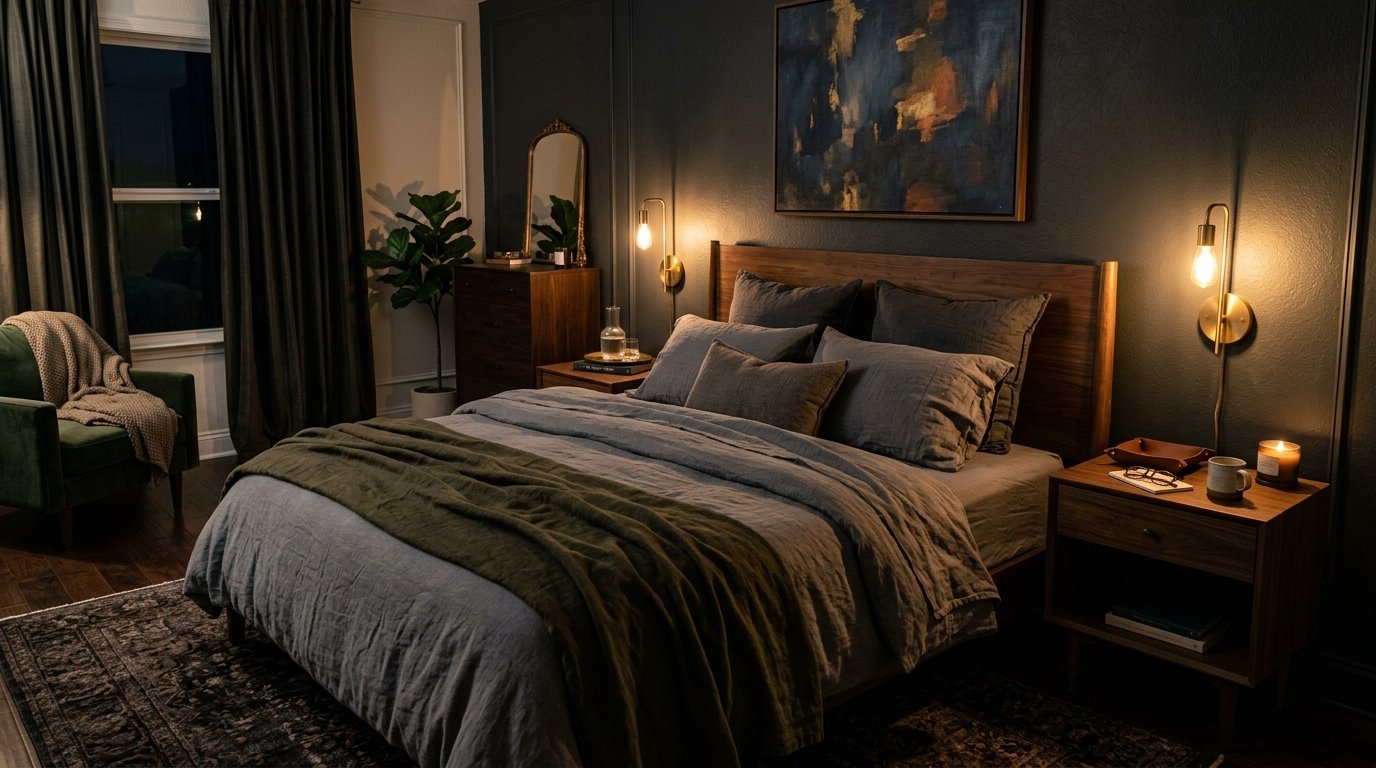 A dimly lit bedroom with a wooden bed frame, green armchair, and bedside lamps casting a warm glow.