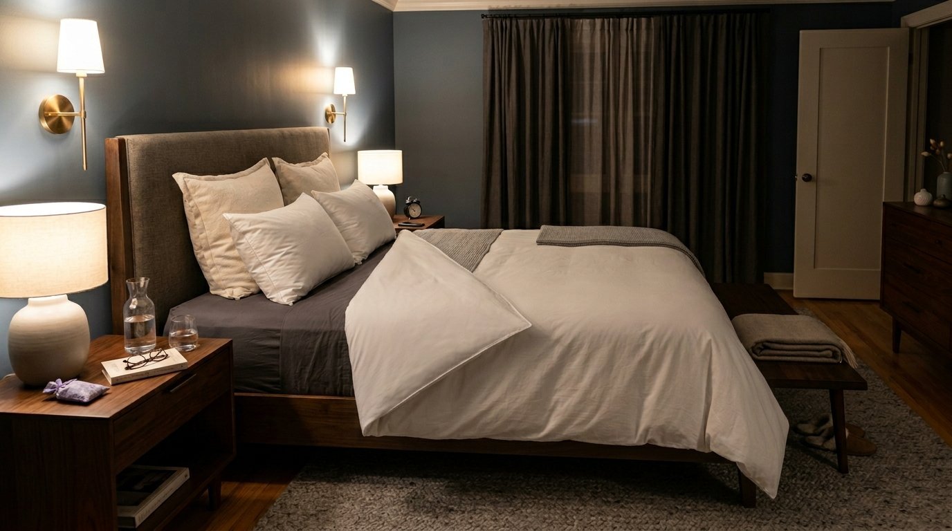Modern bedroom with a wooden bed, white bedding, dark gray accent wall, and warm bedside lamps.