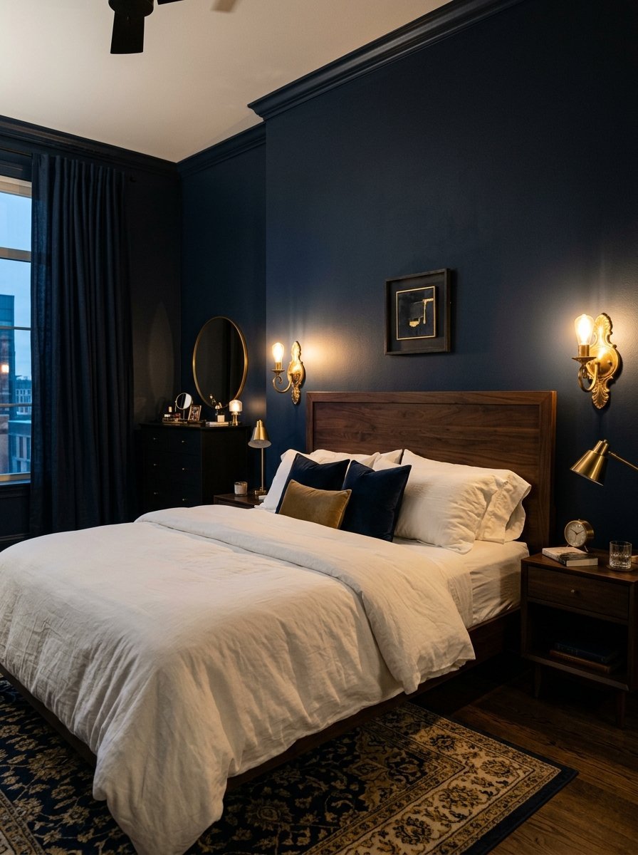 Modern bedroom with dark navy walls, a walnut headboard, white bedding, and elegant gold wall sconces.