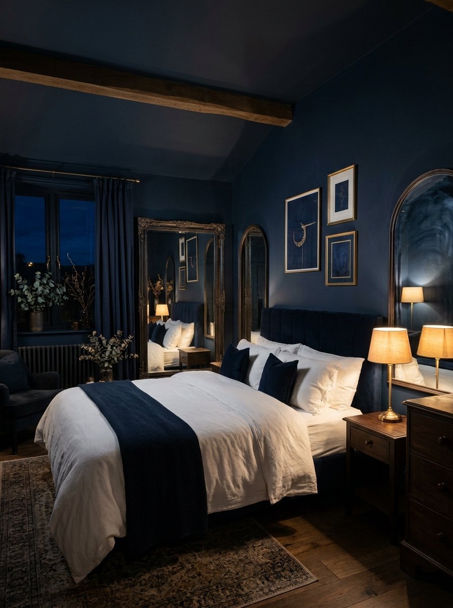 A dark blue bedroom with a queen bed, arched mirrors, and soft lamp lighting on wooden nightstands.