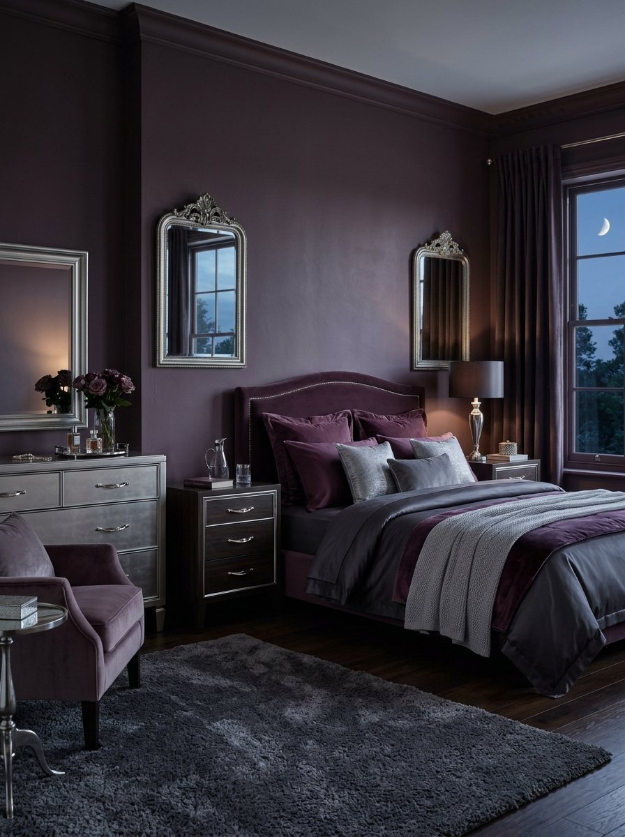 A dark purple bedroom interior with a velvet upholstered headboard, silver mirrors, and a crescent moon view.