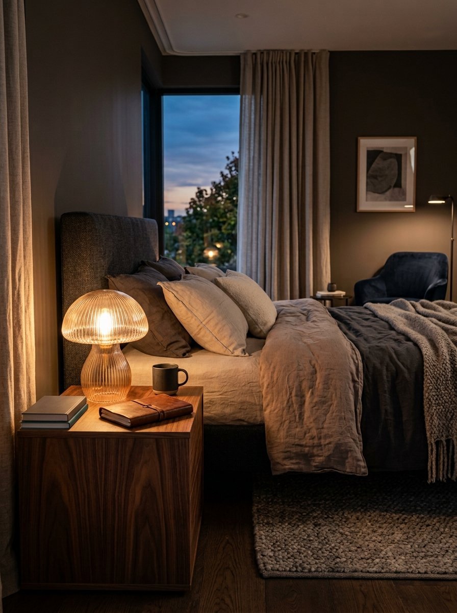 Modern bedside table with a glowing mushroom lamp, book, and mug next to a layered bed.