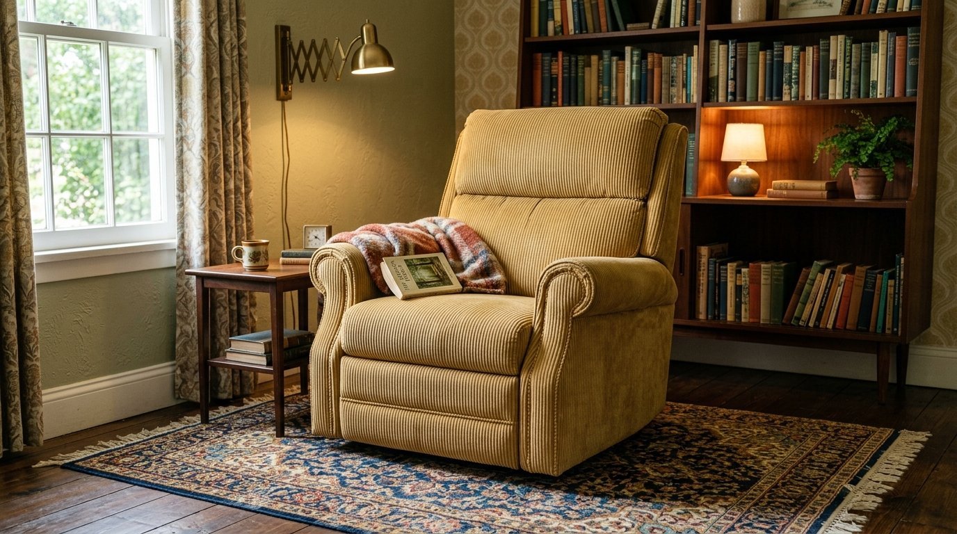 Mustard yellow corduroy recliner chair with a plaid throw and book, situated in a room with a bookshelf and rug.