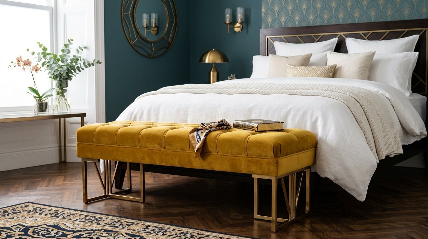 Tufted gold velvet bench with metal legs in a bedroom with a dark teal wall.