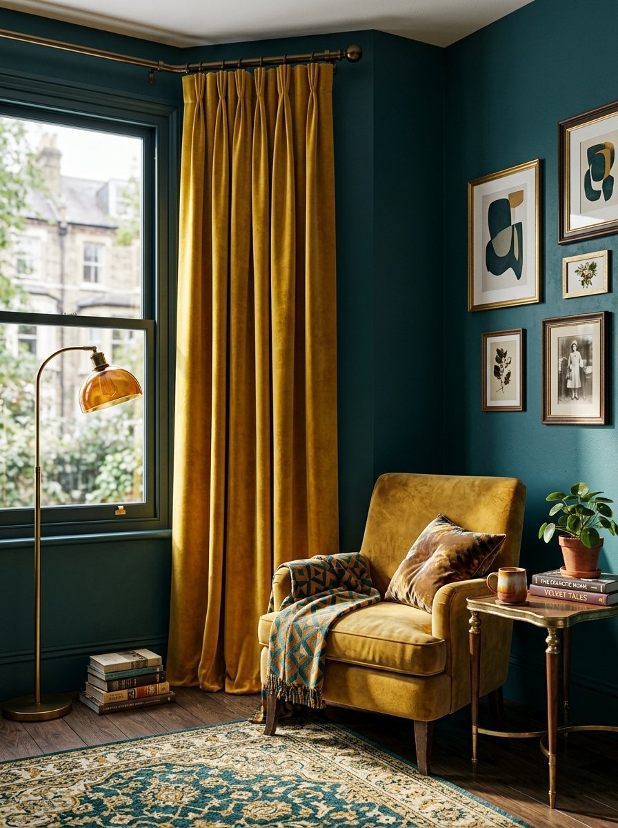 Mustard Yellow Velvet Drapery Teal