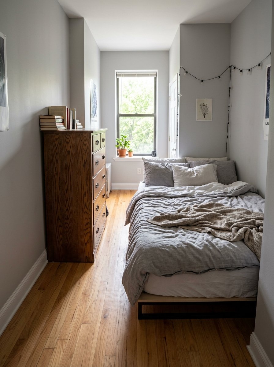 Narrow bedroom with hardwood floors, a single bed with grey linens, and an oak wood dresser under a window.