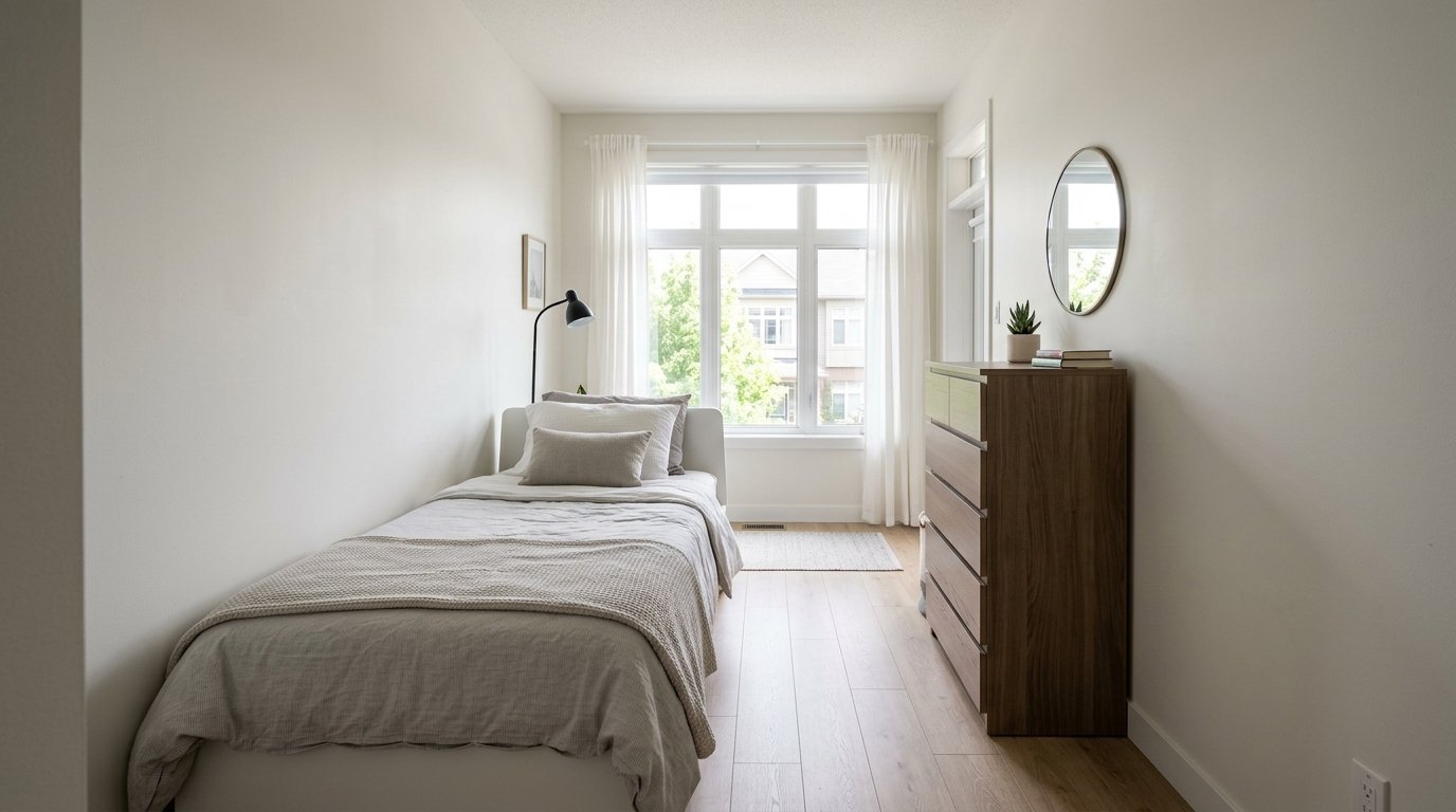 A small minimalist bedroom featuring a single bed, wooden chest of drawers, and a large window with white curtains.