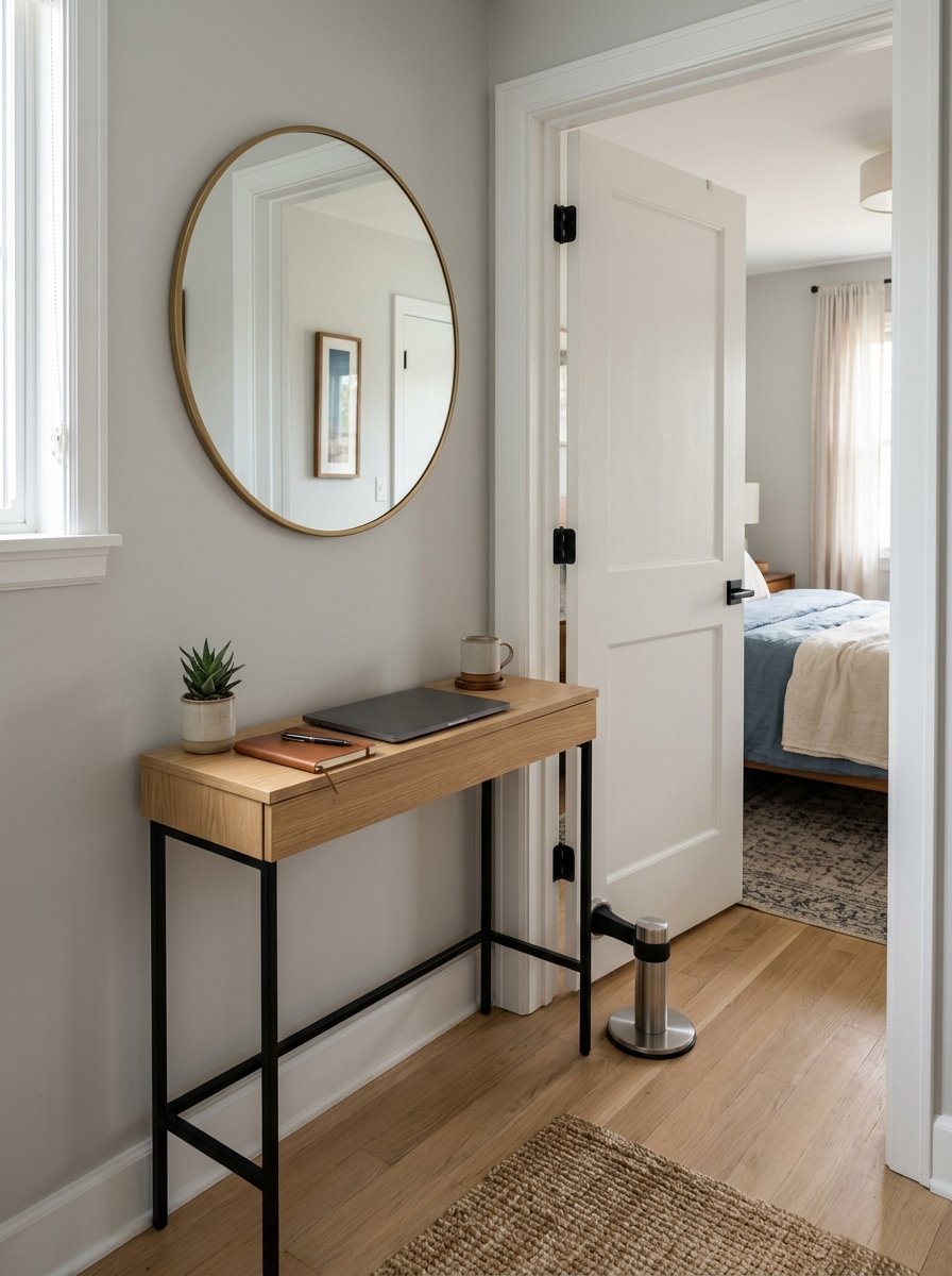 Modern wooden console table with black metal legs sitting under a round gold mirror in a neutral hallway.