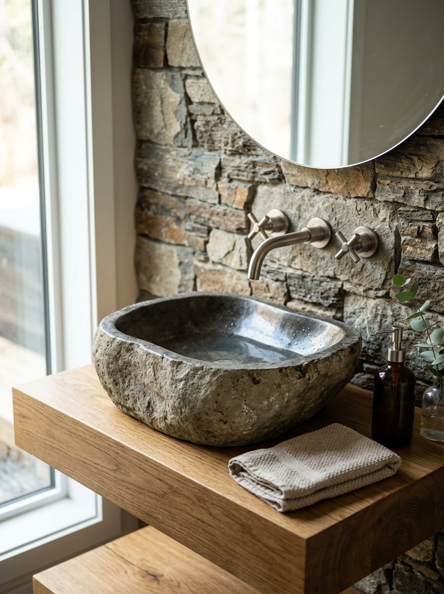 A natural rock basin sink with a wall-mounted faucet on a wooden shelf against a stacked stone wall.