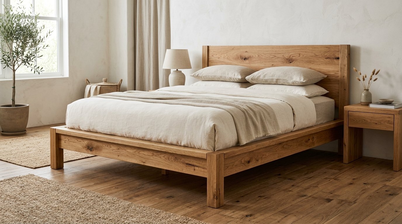 A rustic oak wood bed frame with neutral beige linens and pillows in a bright, minimalist bedroom setting.