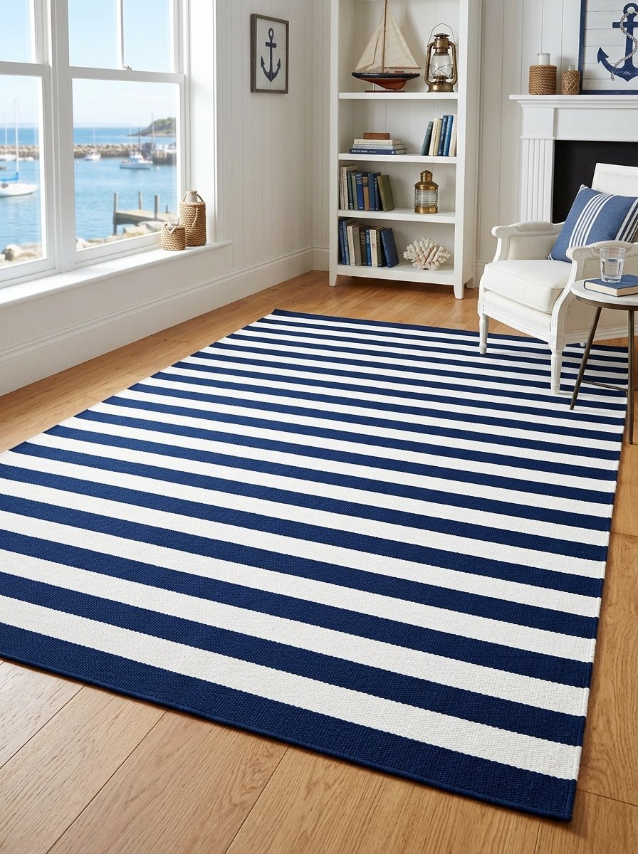 Large horizontal navy blue and white striped area rug on a wooden floor in a coastal themed room.