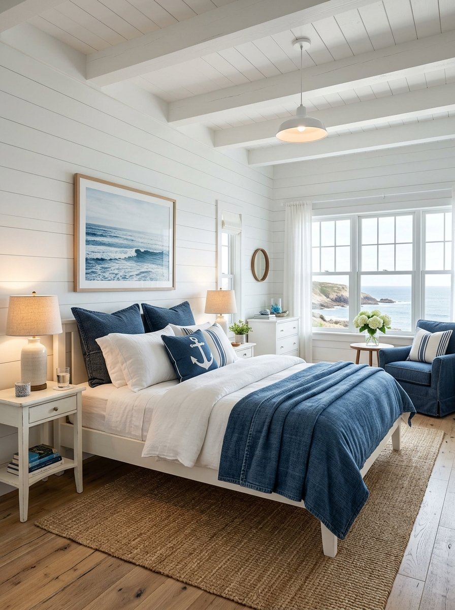 Bright seaside bedroom with blue bedding, anchor accent pillow, and large windows overlooking the coast.
