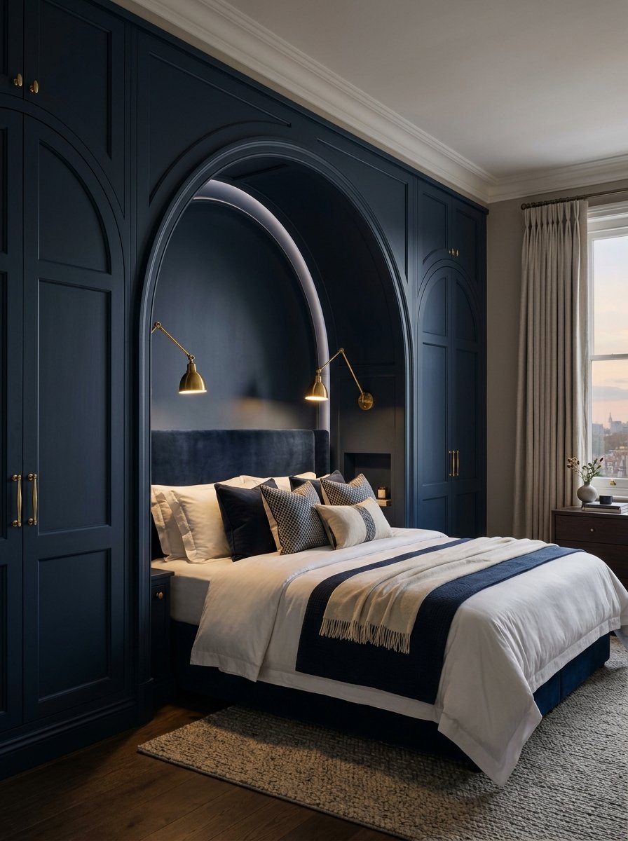 A bed tucked into a navy arched wall unit with brass sconces and layered bedding.
