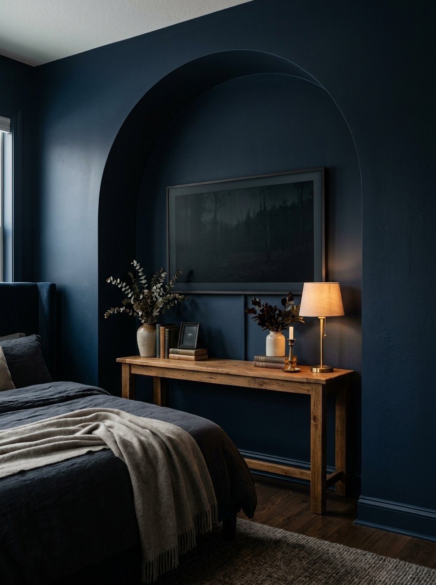 Wooden console table with books and vases placed inside a dark blue arched wall cutout in a bedroom.