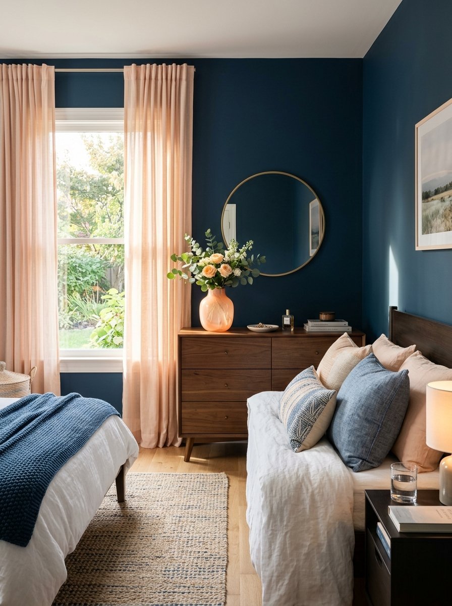 A cozy bedroom with a dark blue accent wall, blush drapes, a walnut dresser, and layered bedding.