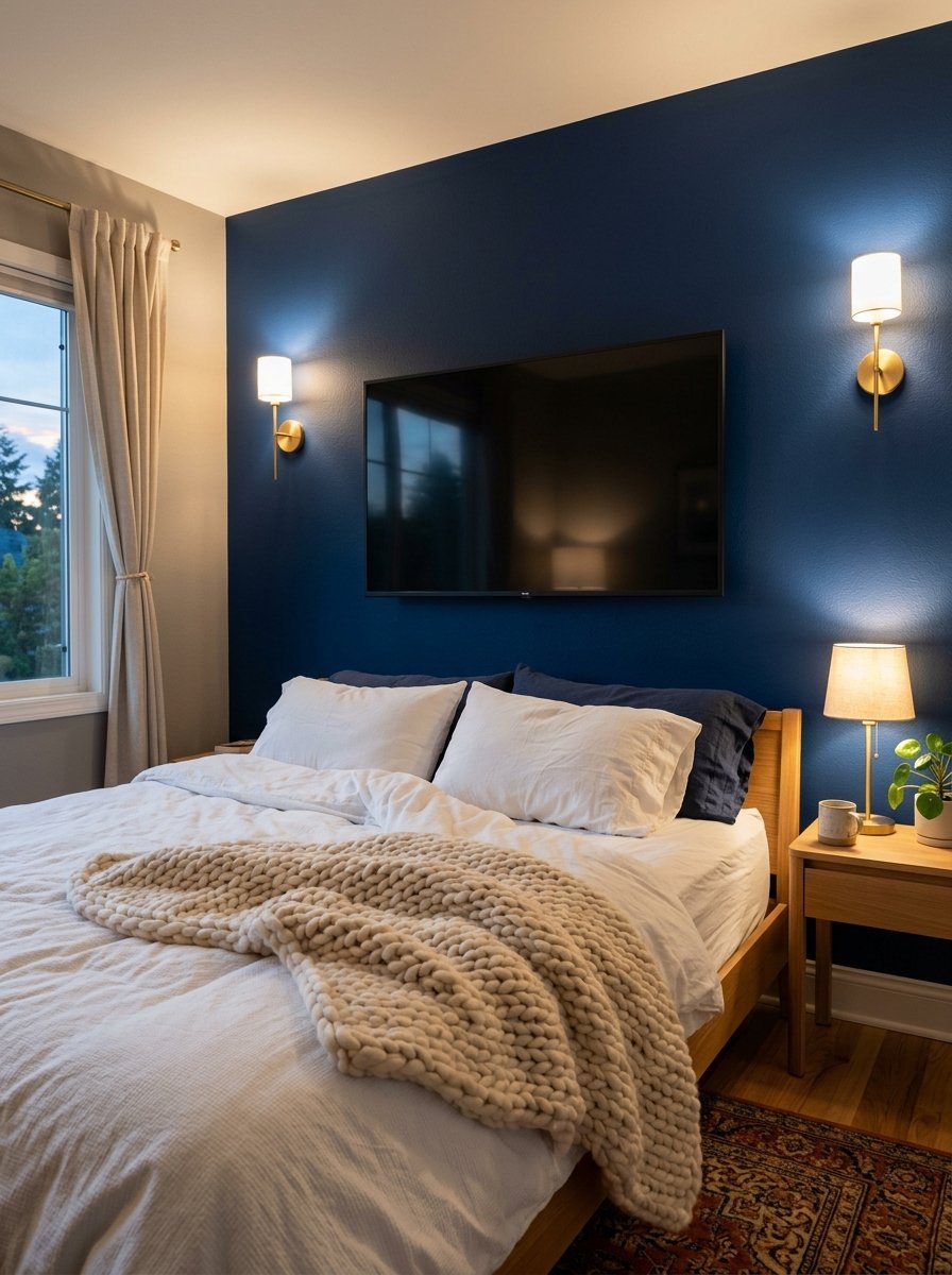 A bedroom with a navy blue wall, wall-mounted television, and a bed topped with a chunky knit blanket.