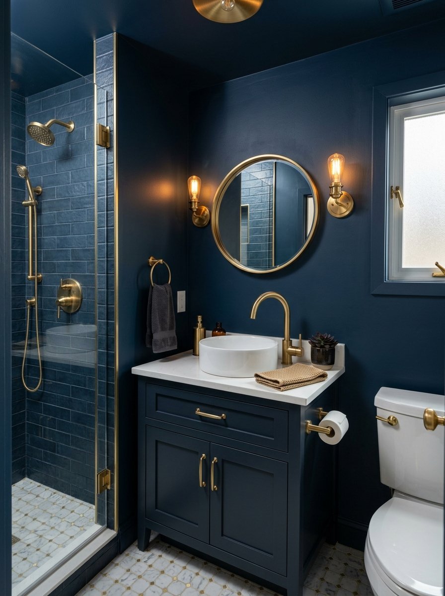 A dark blue bathroom featuring a white vessel sink, brass faucet, and a tiled shower with gold trim.