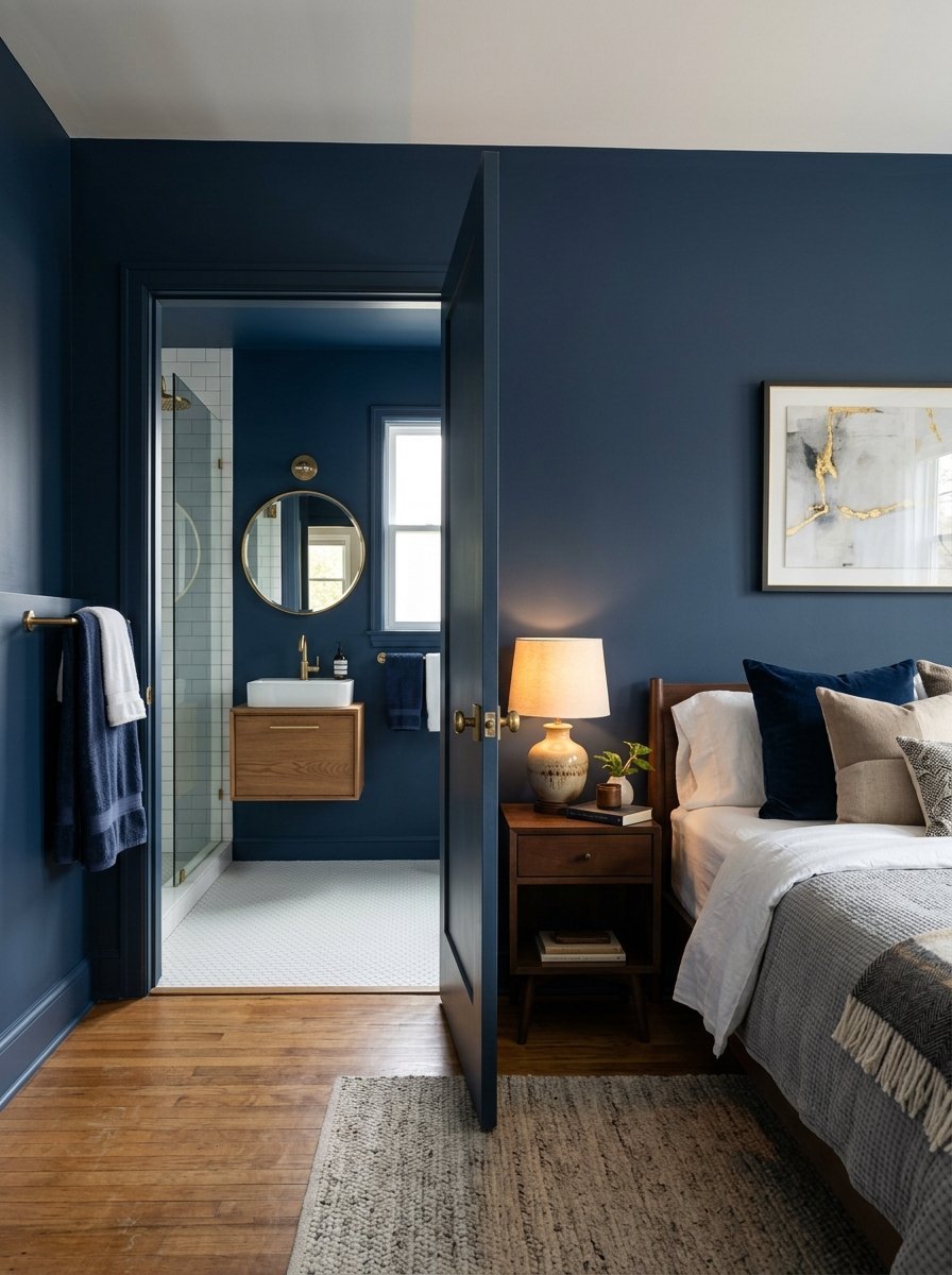 A bedroom with dark blue walls, hardwood floors, and a view into a bathroom with a floating wood vanity.