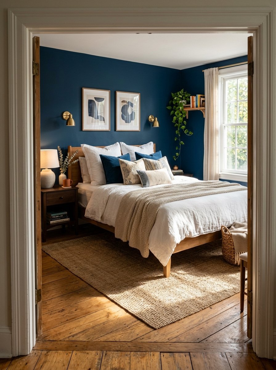 View through a doorway of a bedroom with dark blue walls, a wooden bed, and a textured jute rug.